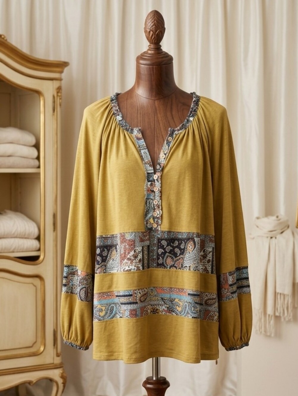 Easel Mustard Boho Patchwork Tunic Top Medium Relaxed Fit